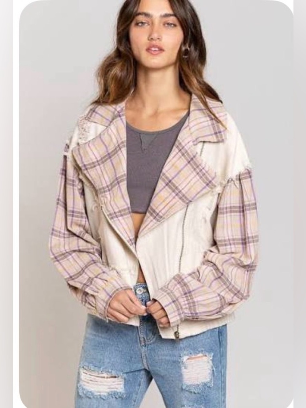 POL Plaid Contrast Moto Jacket in Cream Denim w Flannel Lapel & Sleeve - OS M